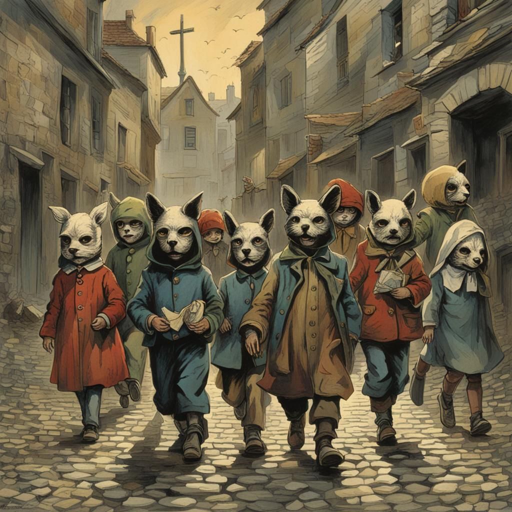 Children in Animal Masks on Cobblestone Street