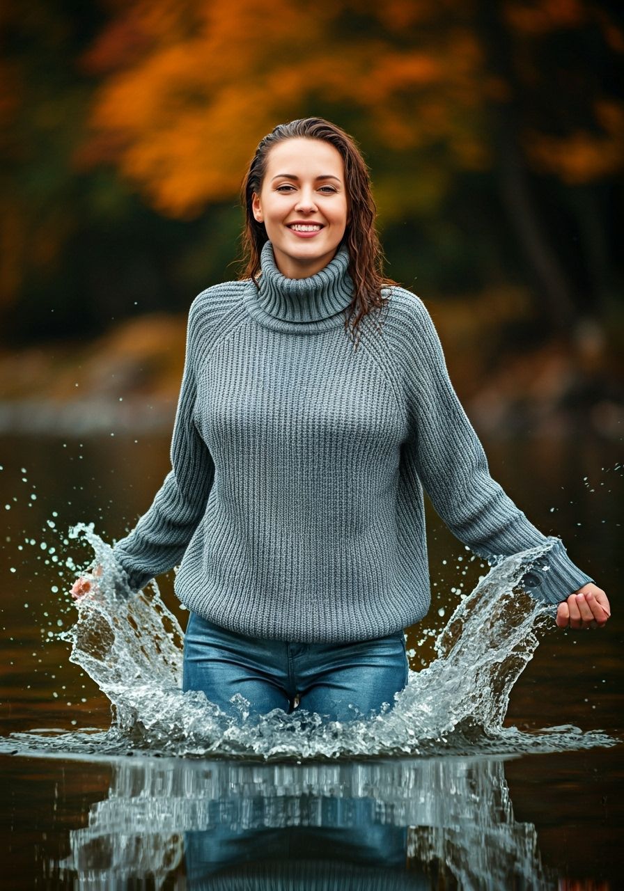 Woman Splashing in Autumn Water, Professional Photography