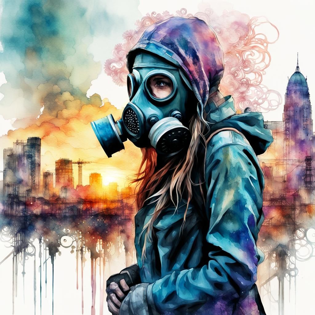 Post-Apocalyptic Gas Mask Watercolor Double Exposure