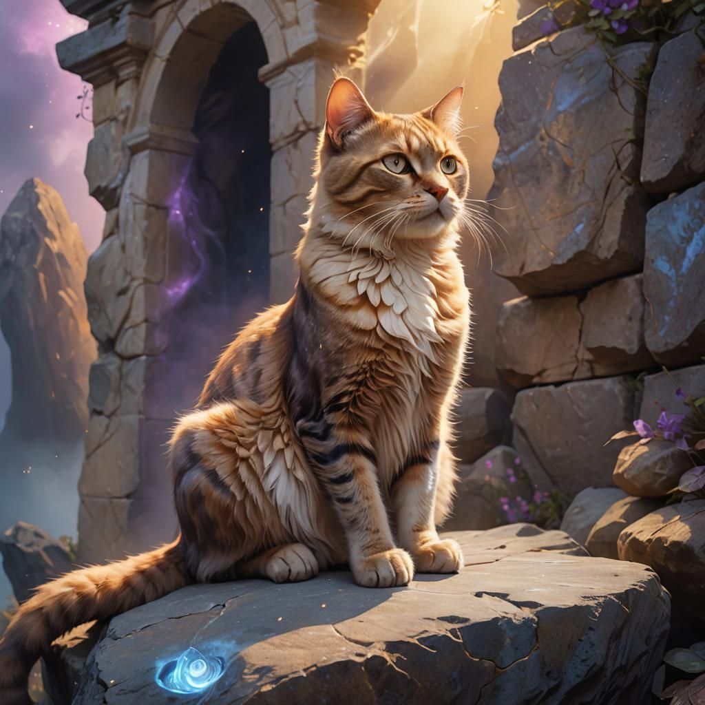 Mystical Cat on Stone Ledge: Fantasy Concept Art