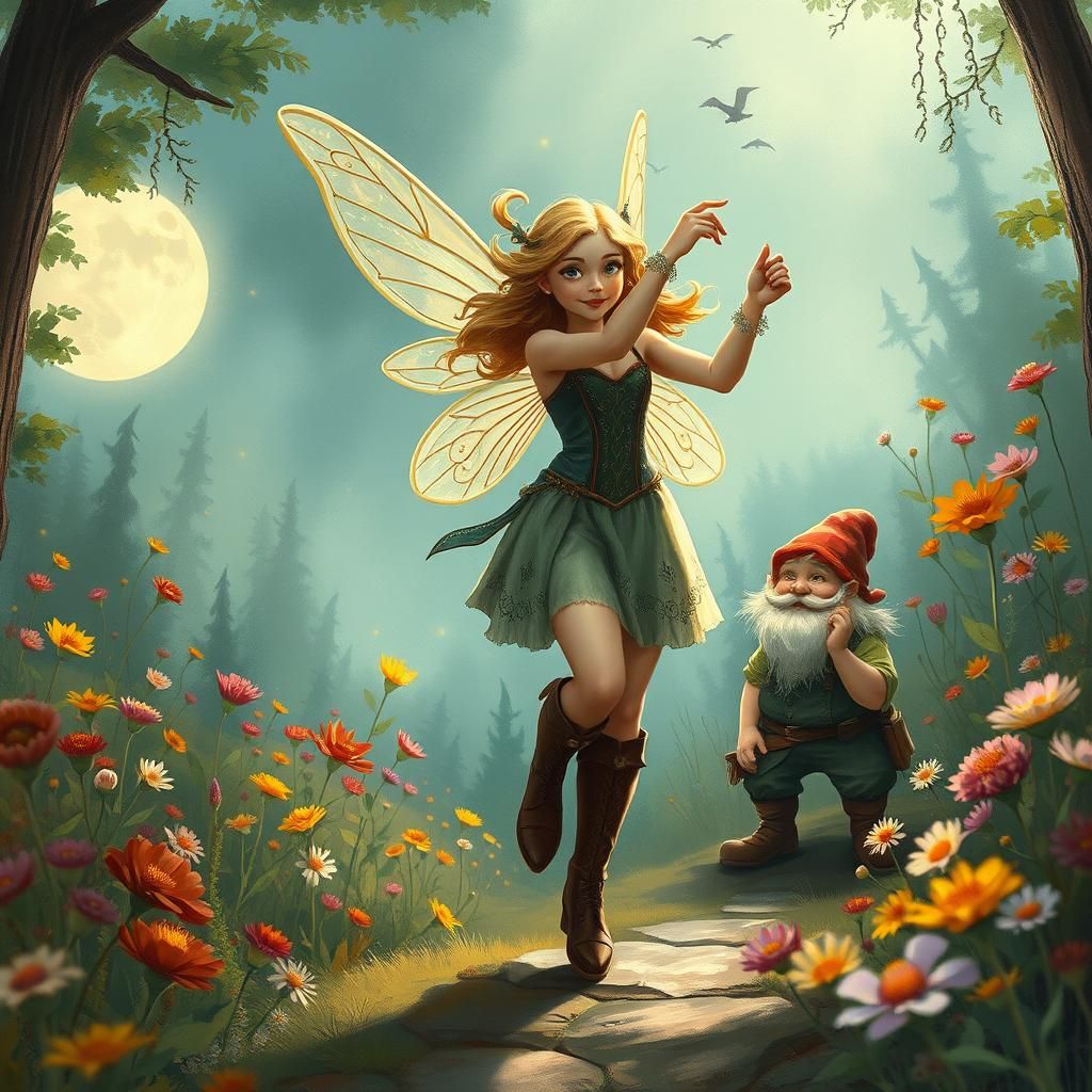 Fairy and Dwarf Dance in Moonlit Glade