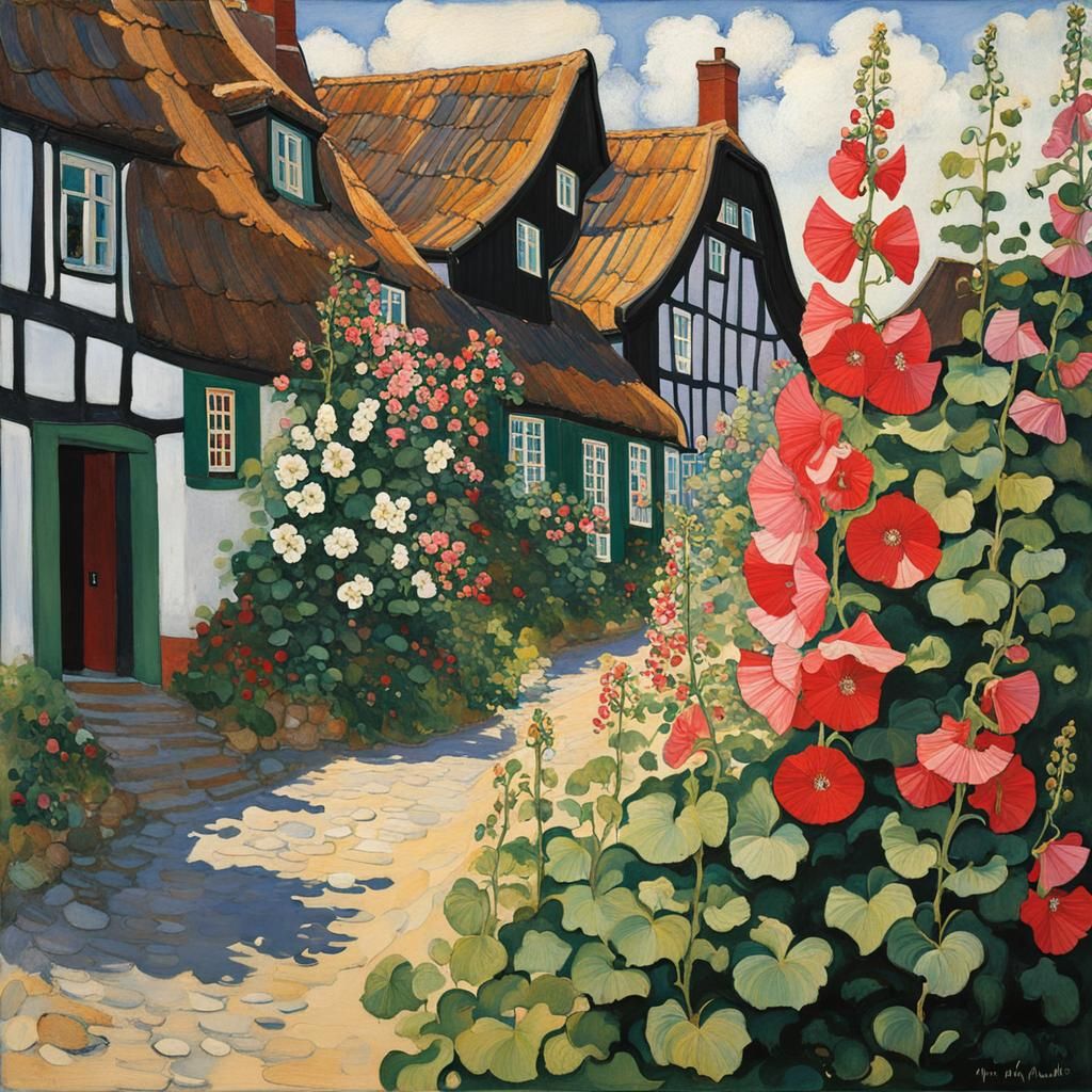Charming Rønne Street with Hollyhocks, Art Nouveau Style