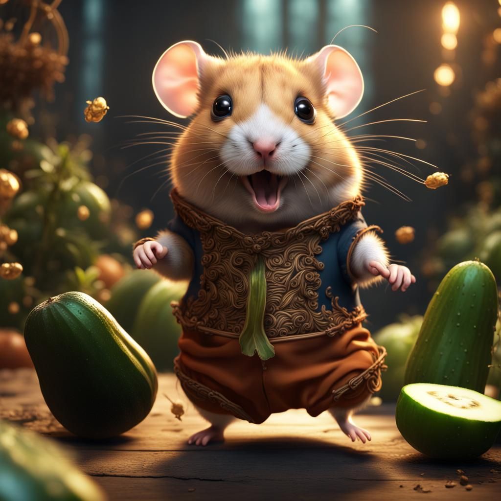 Dancing Hamster with Cucumbers: Detailed Digital Painting