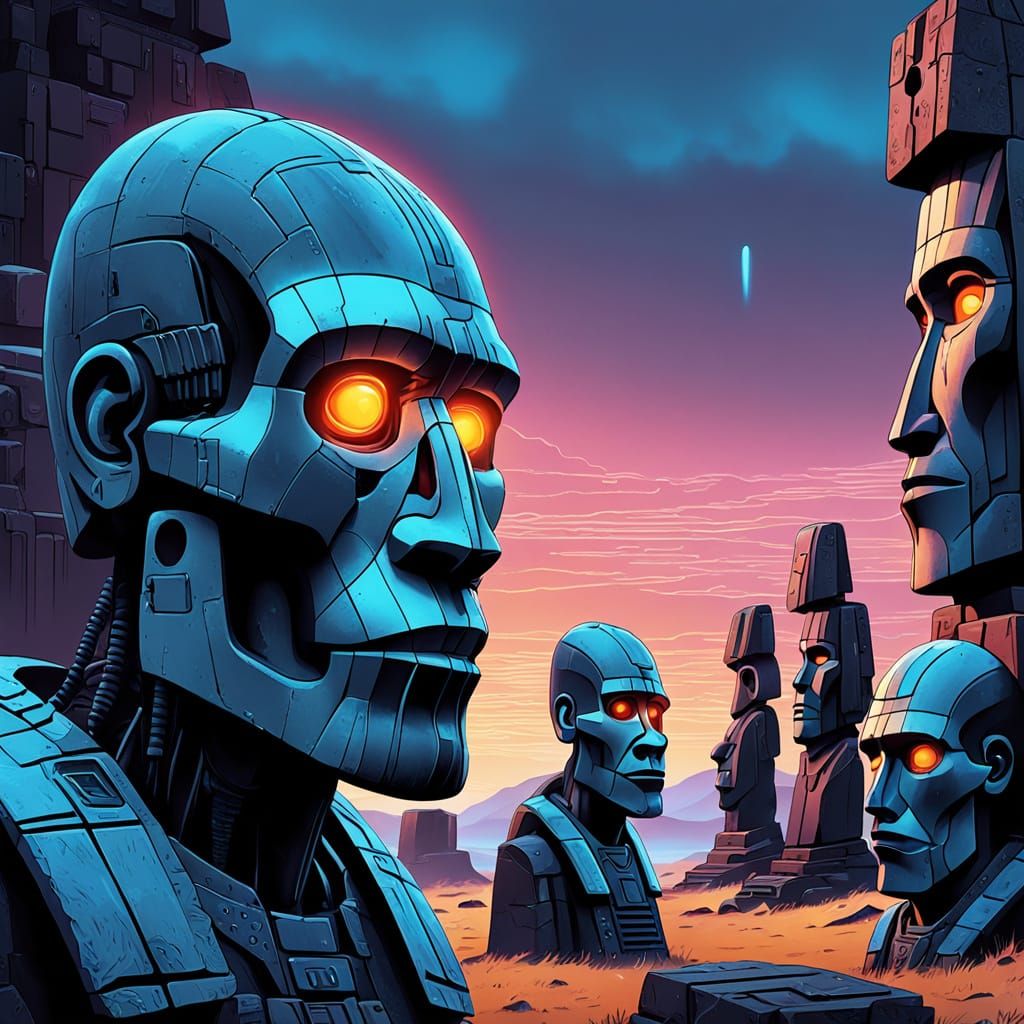 Mysterious Moai Statues with Glowing Eyes in Neon Dystopian ...