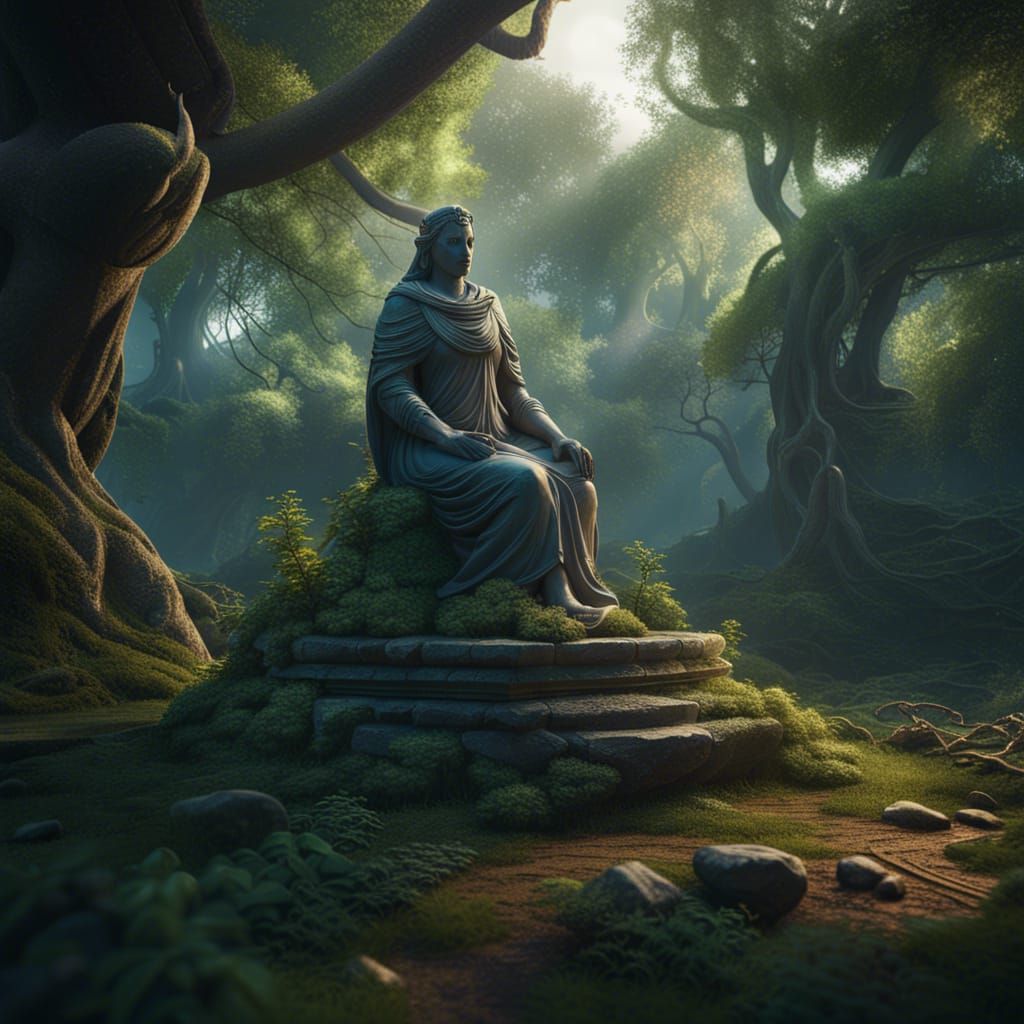 Forest Ancient Statue in Serene Fantasy Landscape