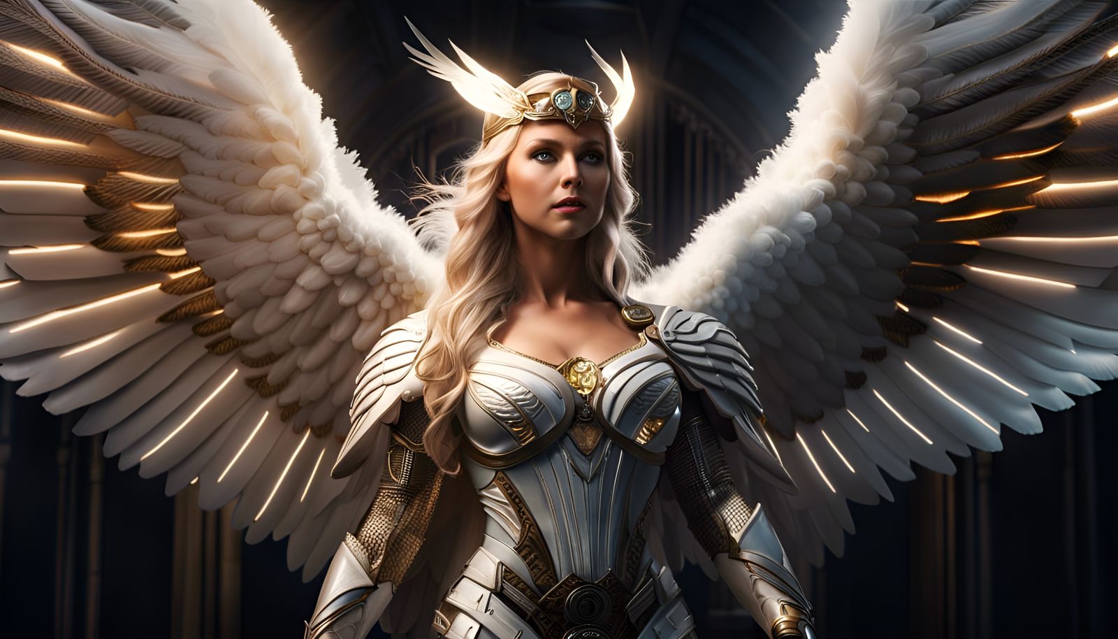 Hyperrealistic Valkyrie with Angel Wings in Flight