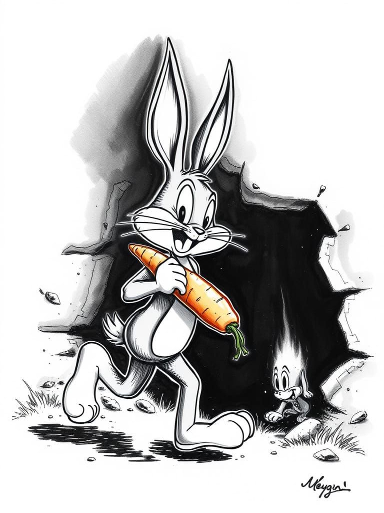 Ink Drawing of Bugs Bunny Holding Carrot