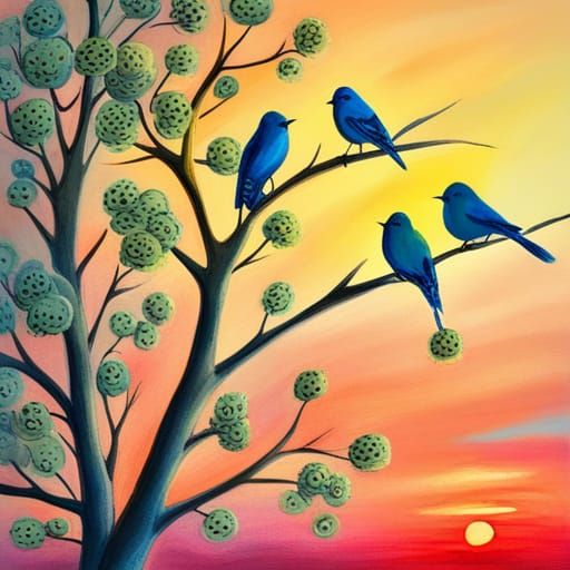 Birds at Sunset: Whimsical Gongbi Painting