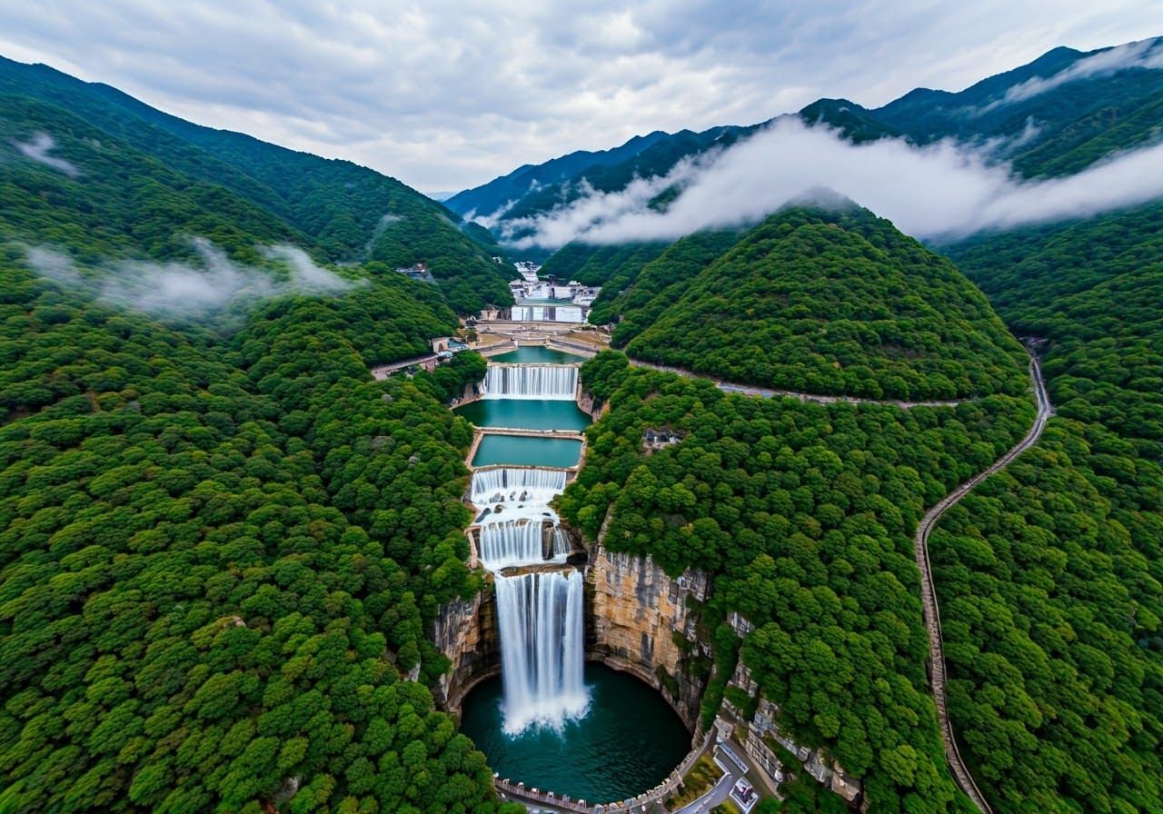 Ethereal Chinese Mountain Reservoir: Cinematic Aerial View