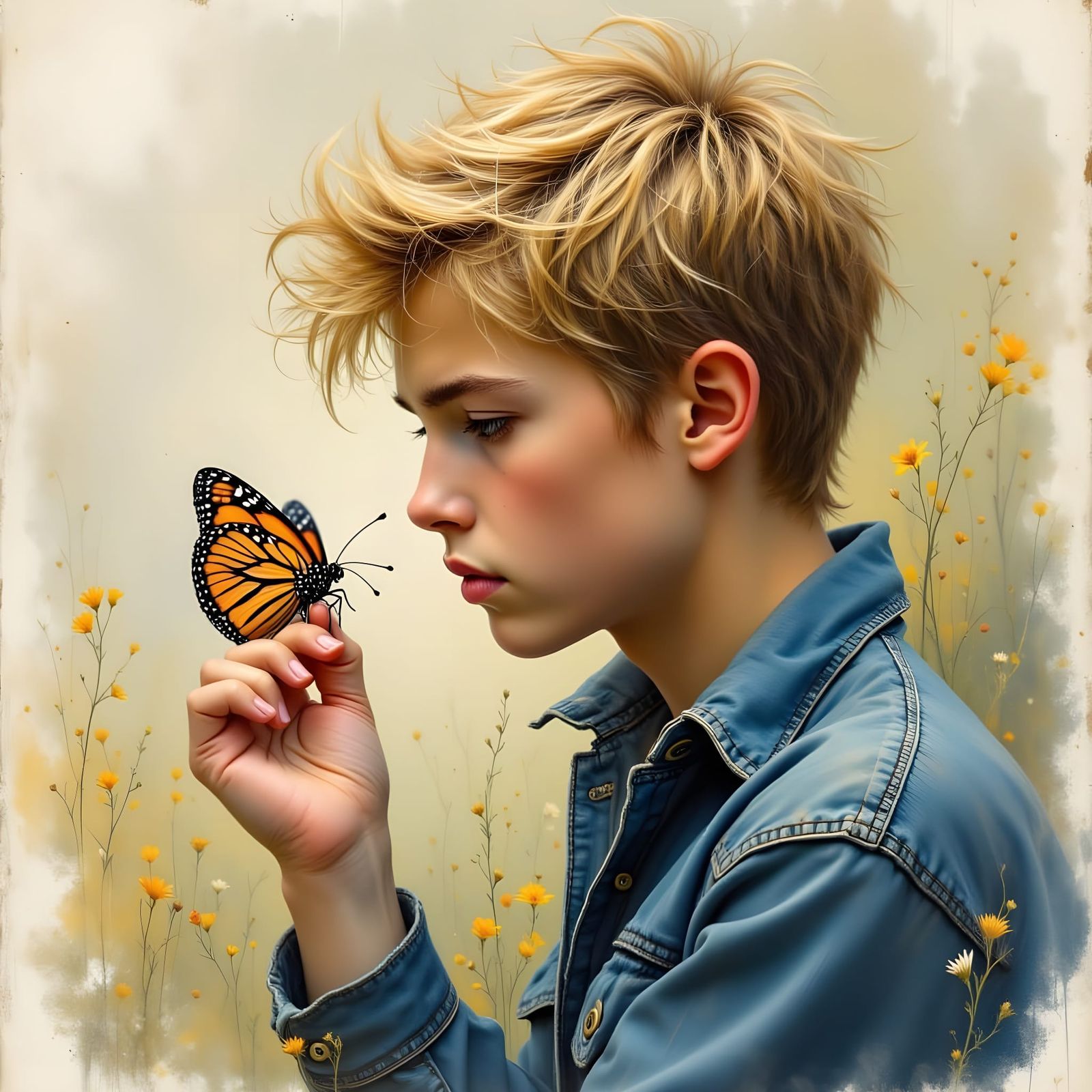 Man and Monarch Butterfly in Floral Inks