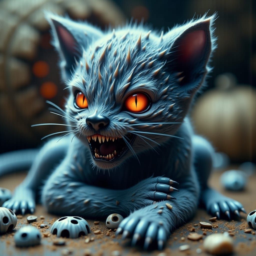 Horrific Cyborg Kitten Jack-O'-Lantern in Junji Ito Style