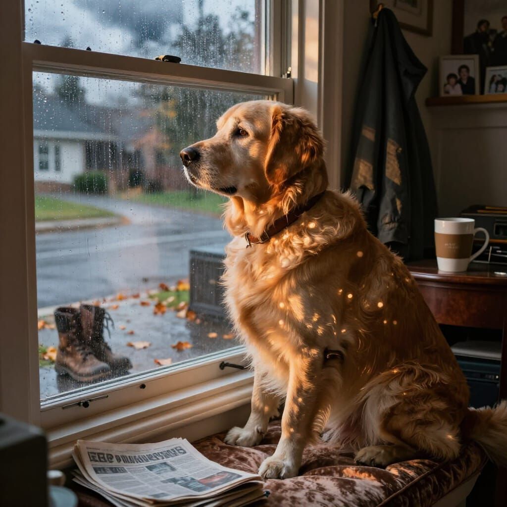 Golden Retriever Waits by Rain-Streaked Window