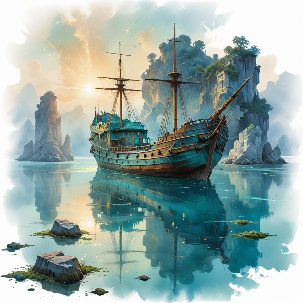 Bioluminescent Galleon in Turquoise Lake, Painterly Realism