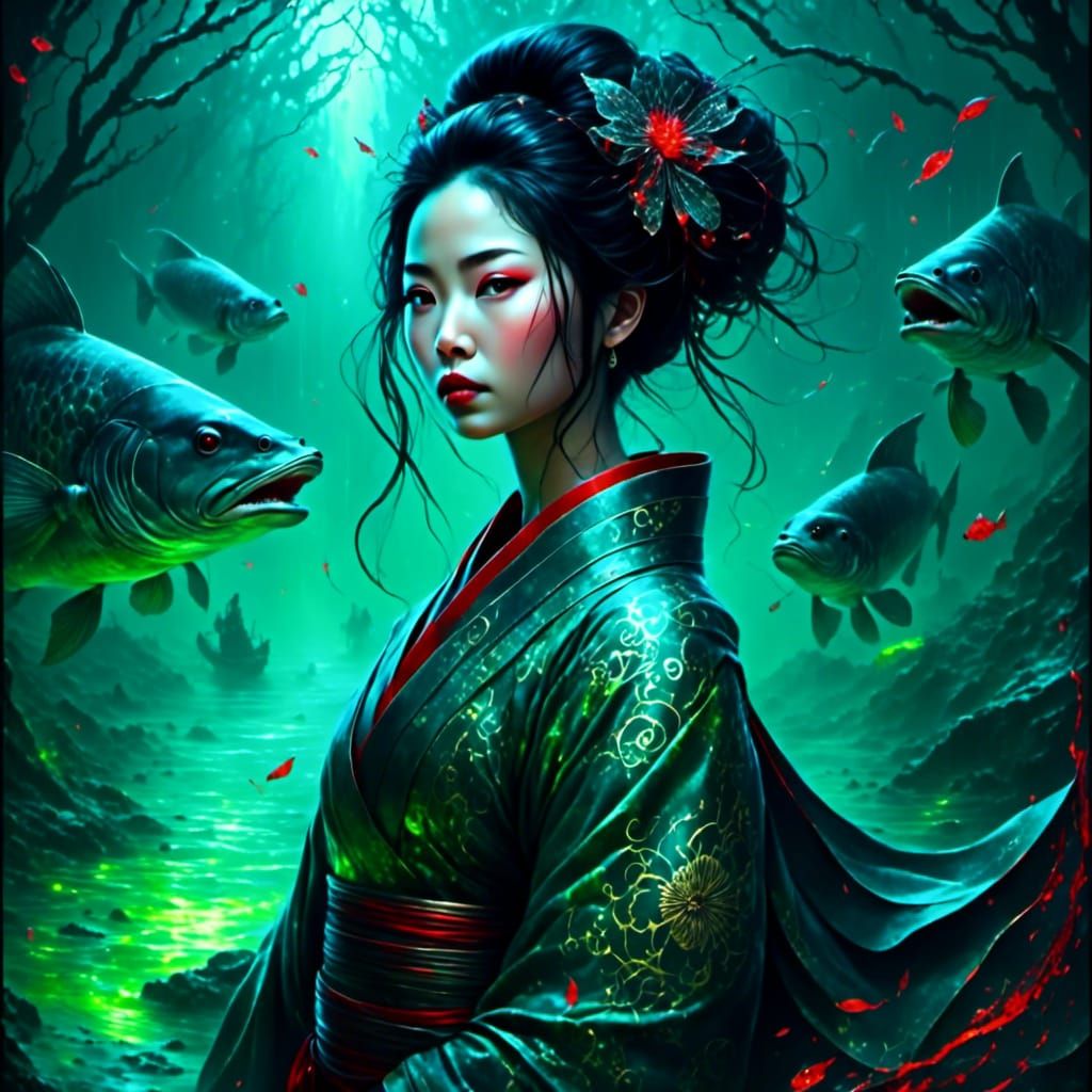 Gothic Geisha with Laser Eyes in Stained Glass