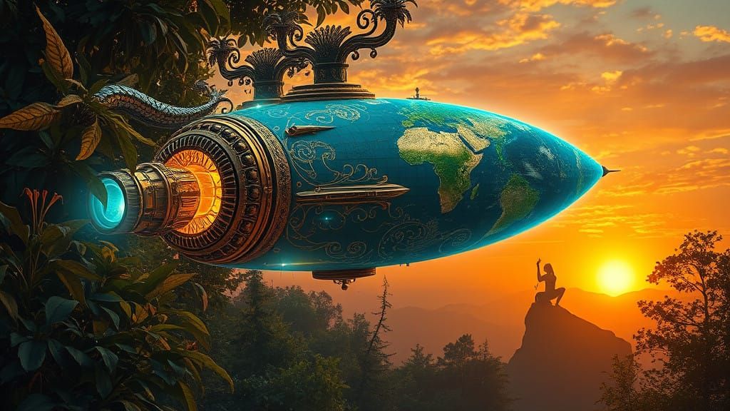 Surrealist Spaceship Radiates Turquoise Light Amidst Lush Fo...