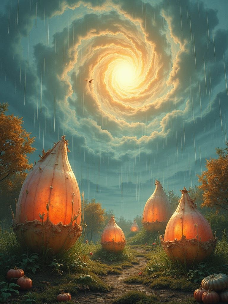 Surreal Crystalline Garden Under Autumn Vortex Sky