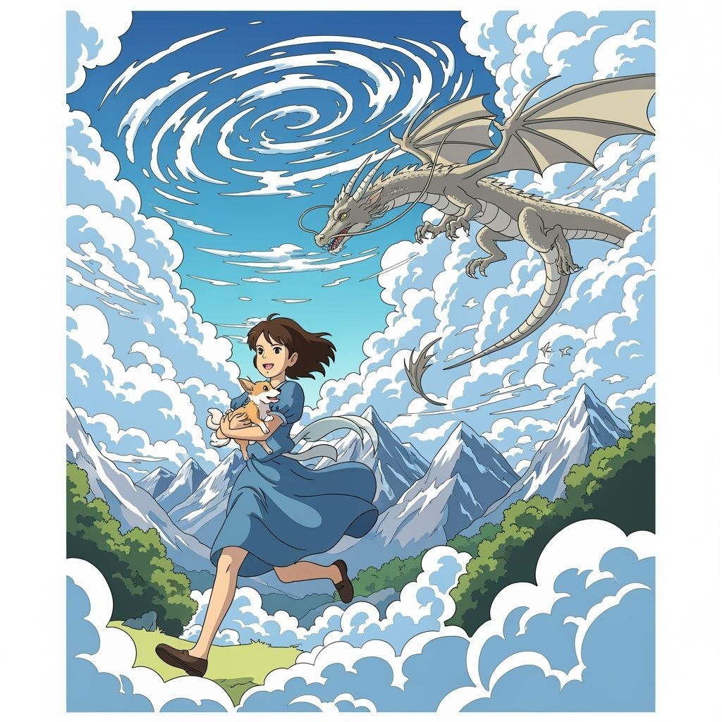 Girl Chasing Dragon with Dog in Anime Fantasy Landscape