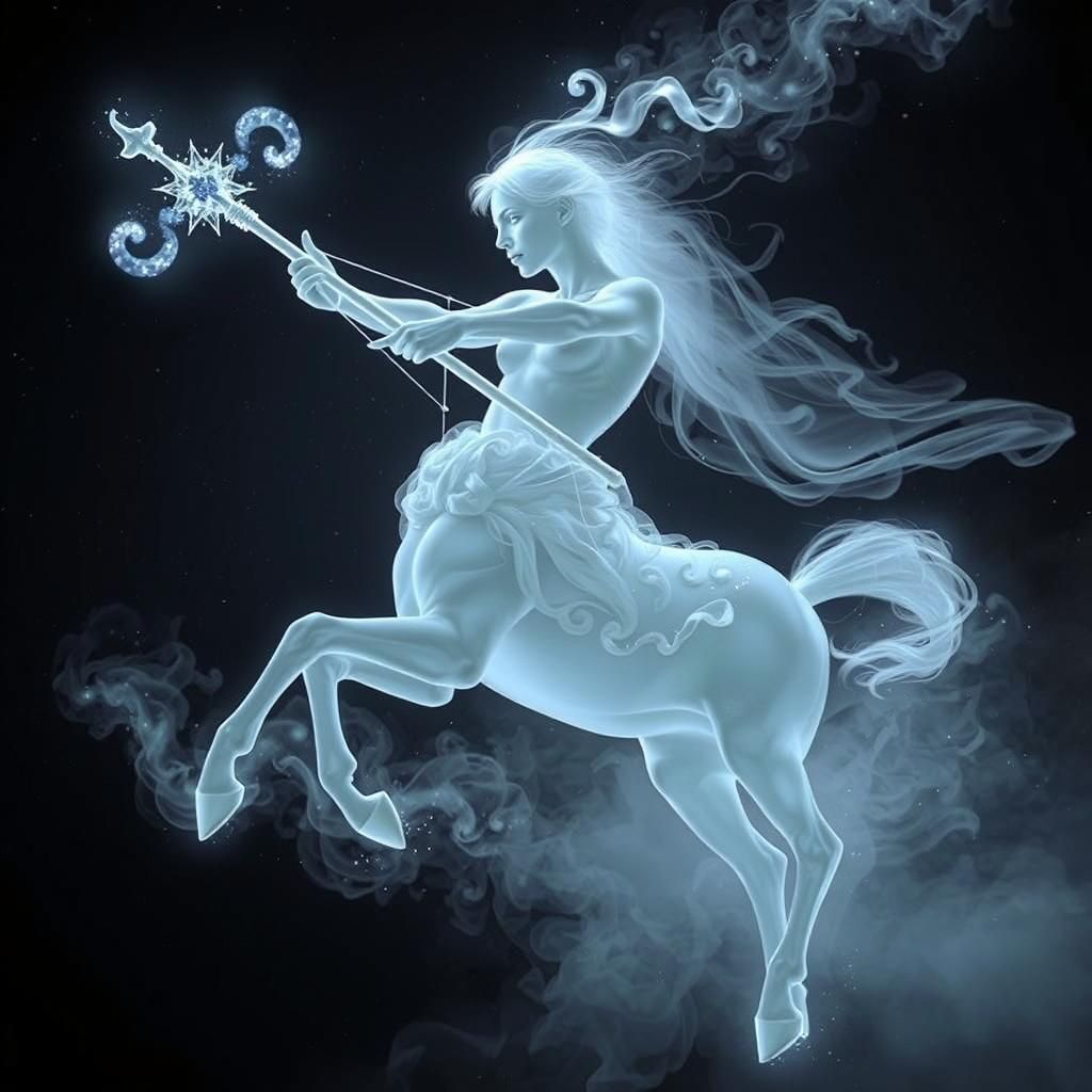 Imagine a spectral apparition embodying the concept of 
a female  Sagittarius the centaur, half man, half horse built of...
