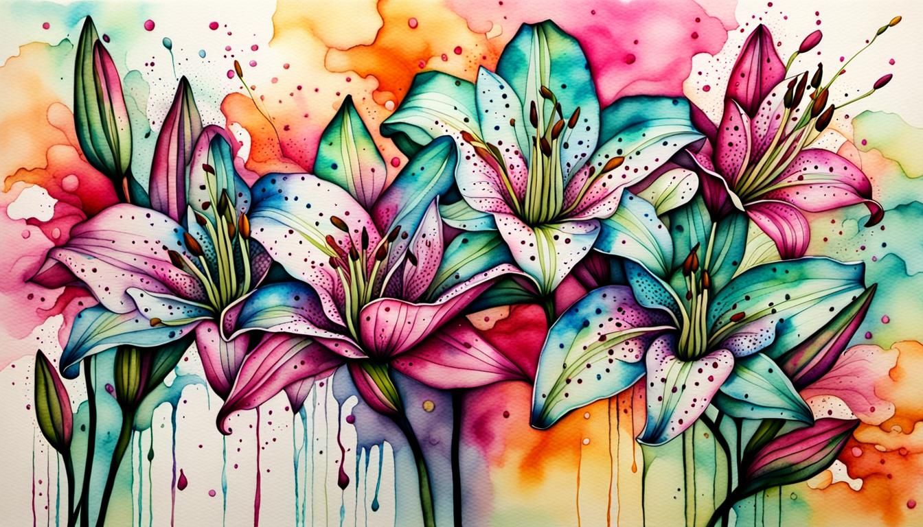 Pink Spotted Lilies in Watercolor and Ink