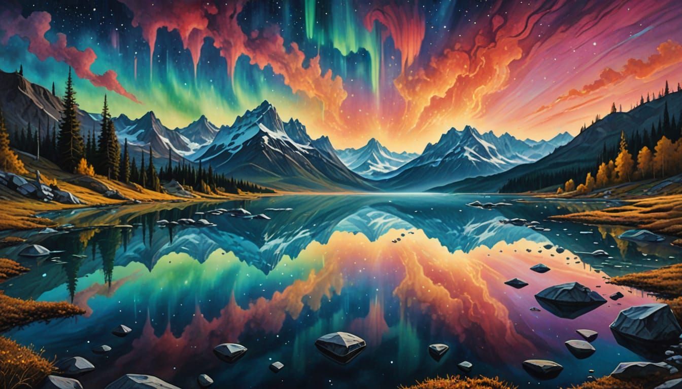 Crystal Lake Reflects Auroras in Surreal Watercolor