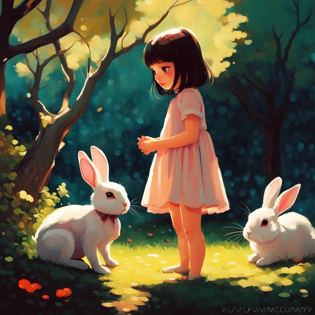 Girl and Rabbit in Magical Garden