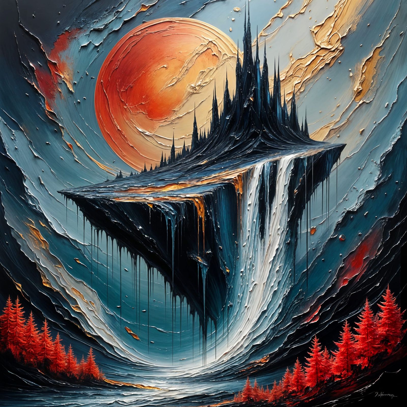 Obsidian Moon Over Turbulent Oil Paint Sky