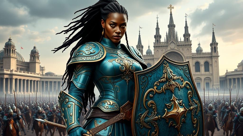 Sultry Warrior in Teal Armor, Surrounded by Medieval Chaos