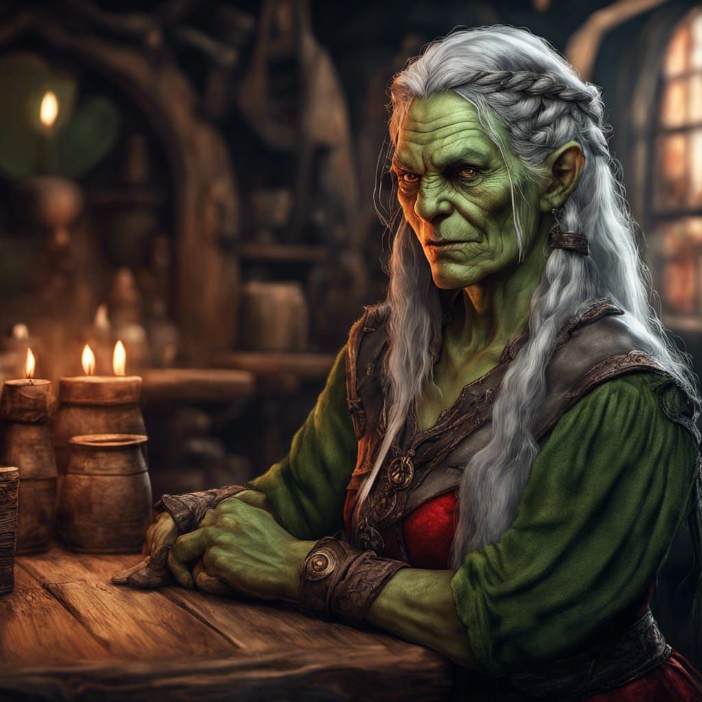Elderly Orc Portrait in D&D Tavern, Hyperrealistic Style