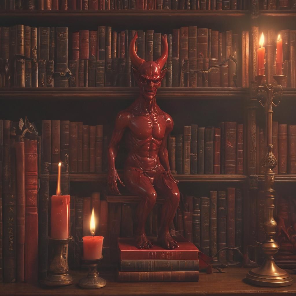 A photorealistic hyperrealistic image of an enameled glass red devil setting on a bookshelf surrounded by ancient evil b...