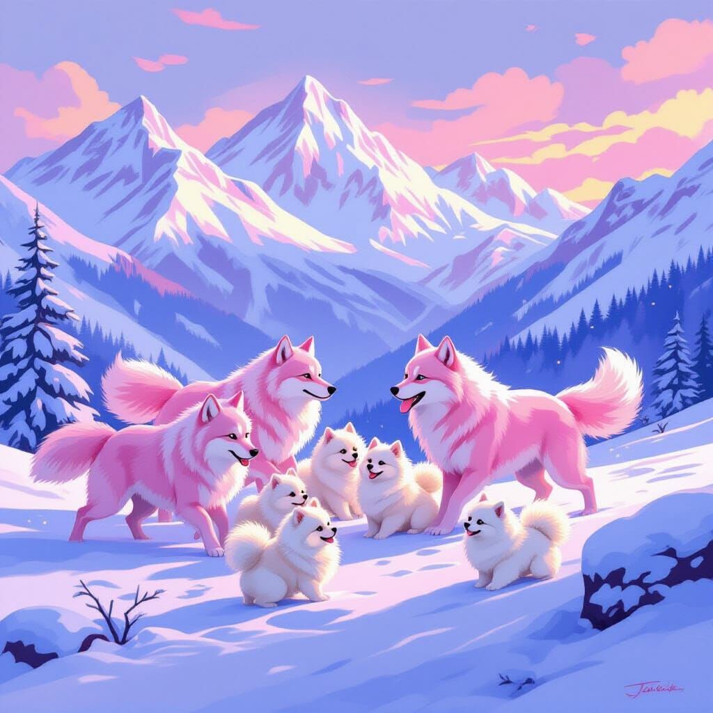 Pink Wolves Play With White Pomeranians in Snowy Mountains a...