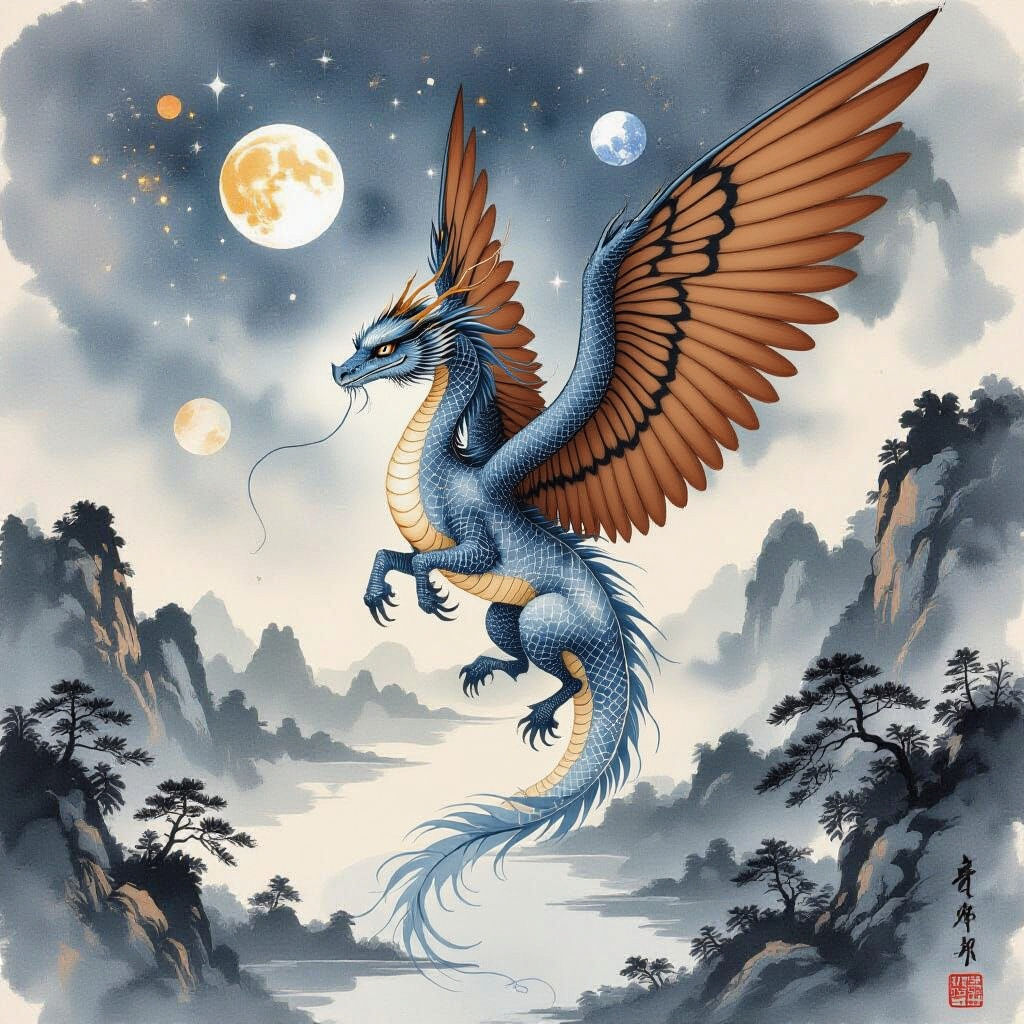 Basilisk Transforming into Celestial Ink in Serene Landscape