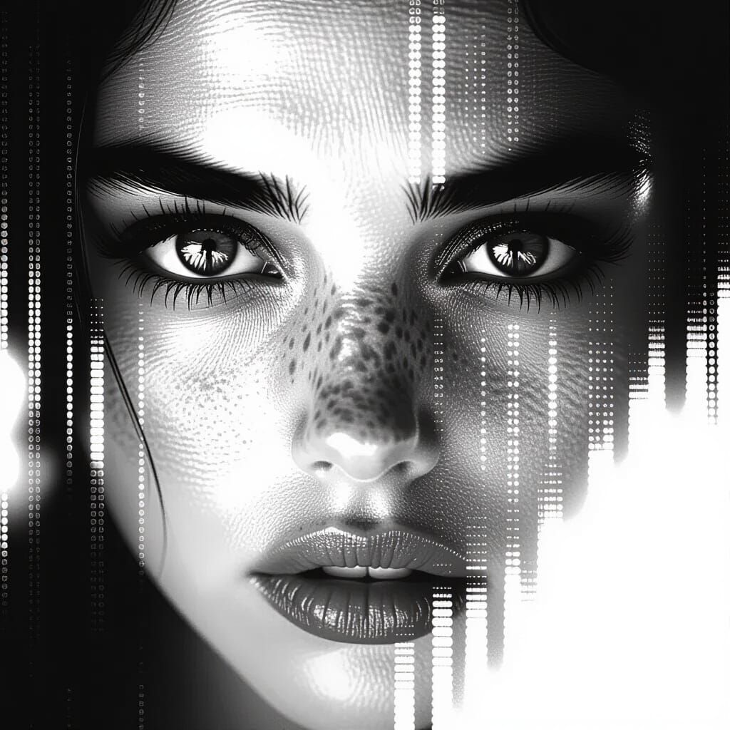 Emotional Glitch Portrait in Black and White