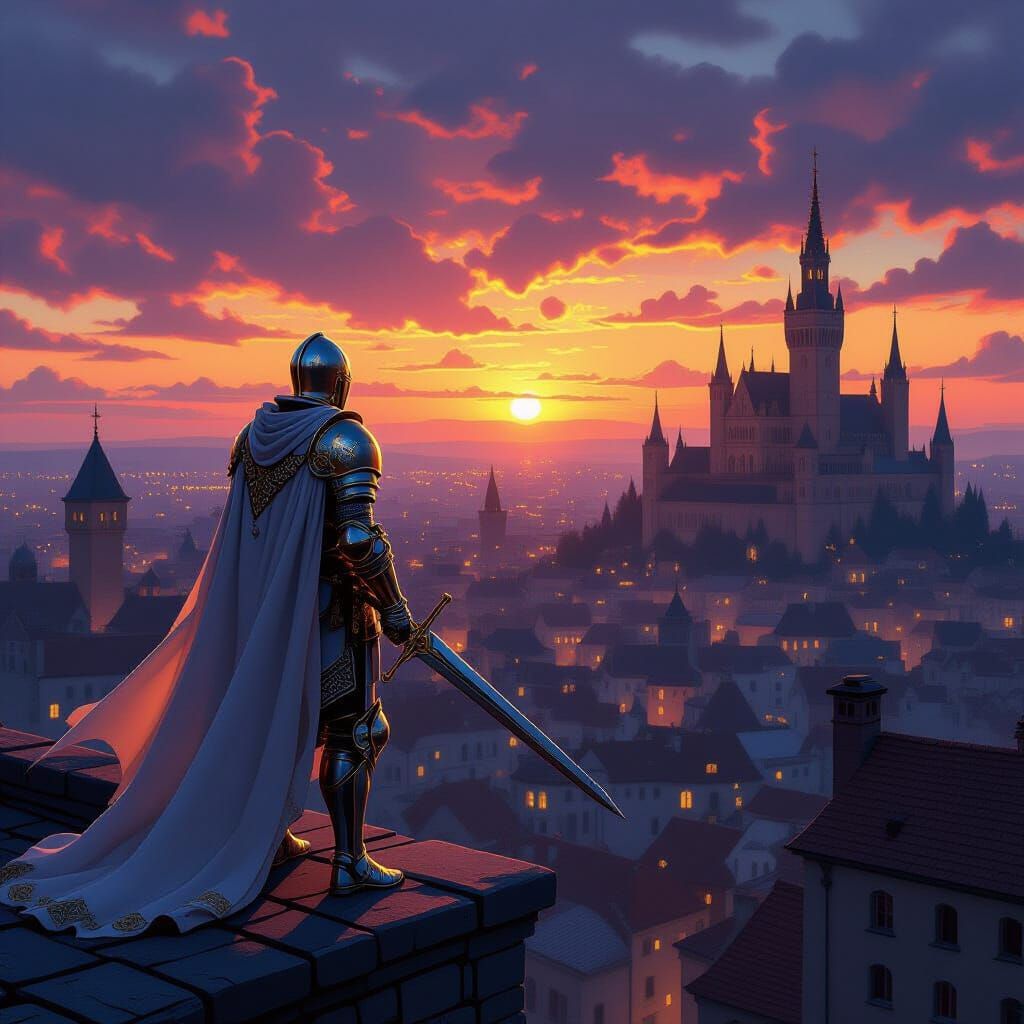 Knight Views Post-Apocalyptic City at Sunset in Klimt Anime ...