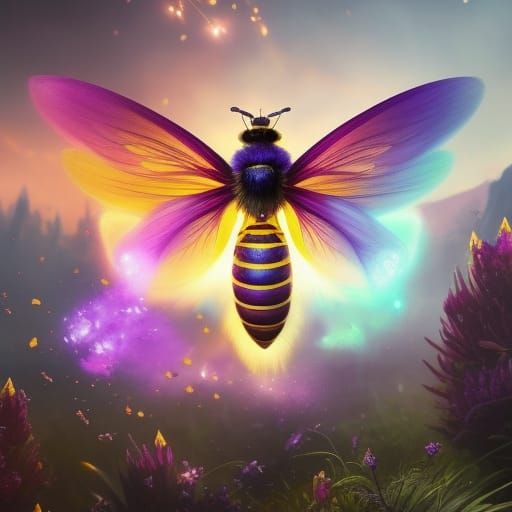 Magical Bee Queen with Colorful Wings in Digital Art
