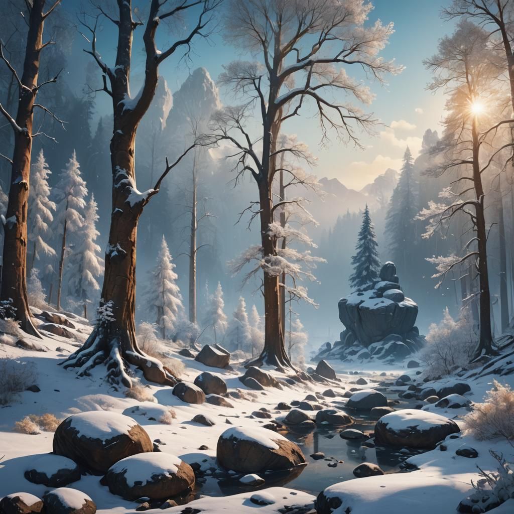 Winter Landscape: Snow-Covered Rocks in Golden Light