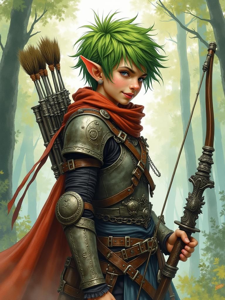 Halfling assassin( ((greenish hair))), mischievous smile, mi...