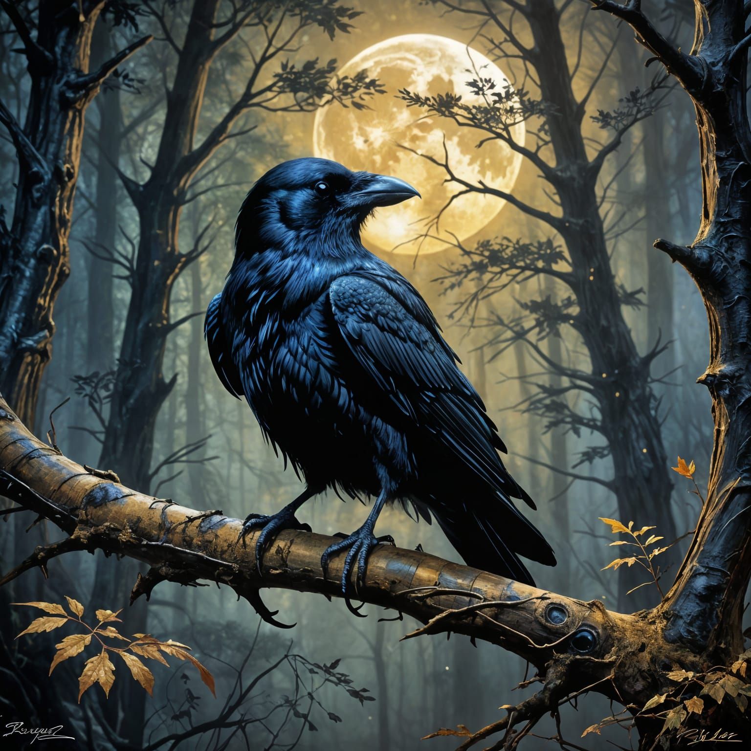 Raven in Moonlit Forest Double Exposure Oil Painting