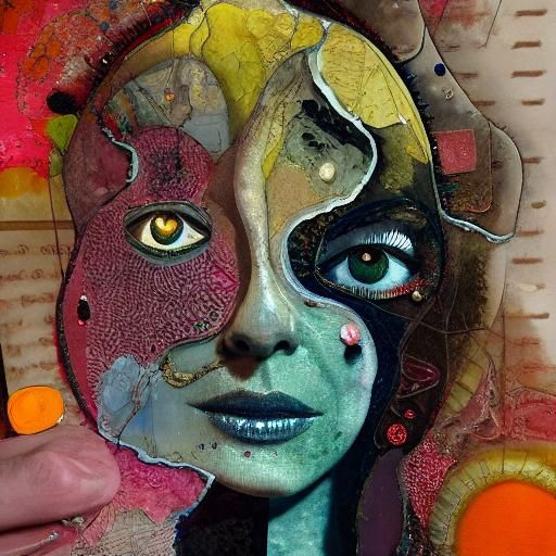 Mixed-Media Portrait of Enraged Woman in Collage Style