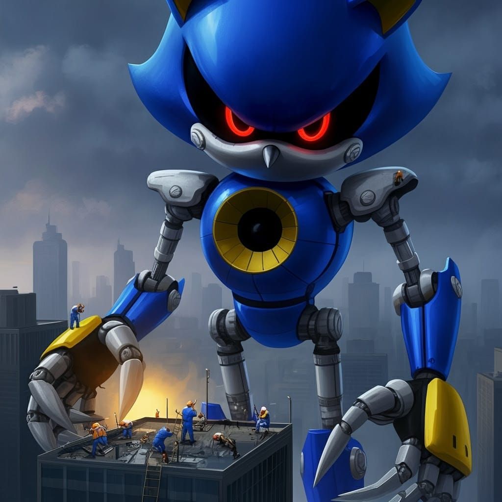 Gigantic Metallic Blue Robot Over Skyscraper