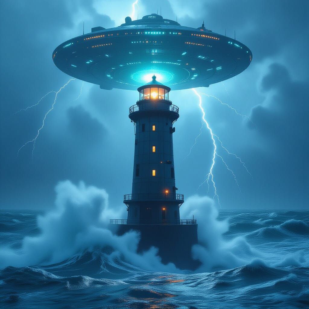 Futuristic Lighthouse Under Alien Battleship, Hyper-Realisti...