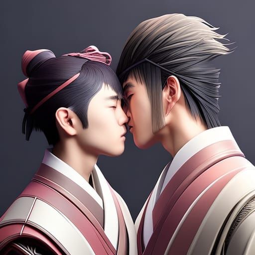 Romantic Japanese Couple in Kimonos: Digital Art