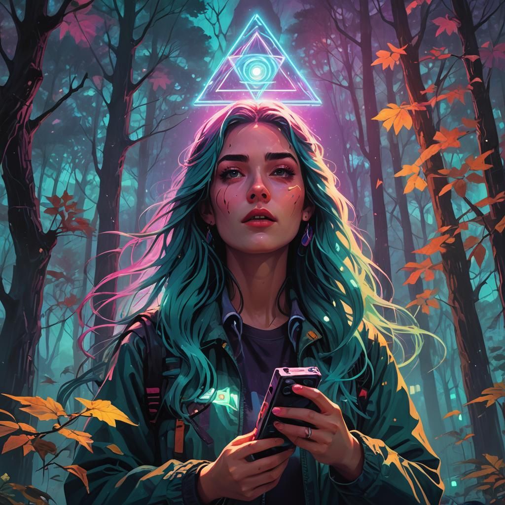 Synthwave Teenager Gazing at Glowing Portal in Forest