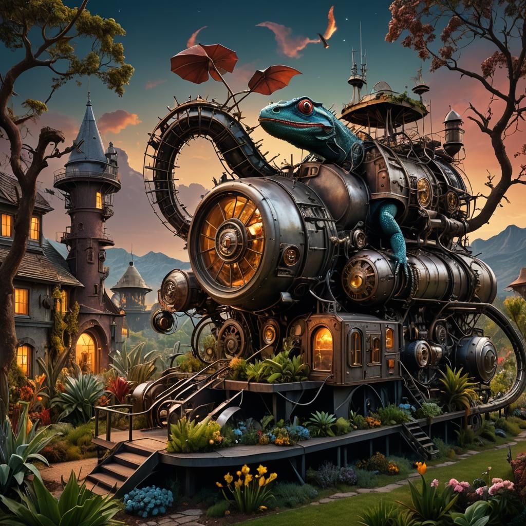 Surreal Dreamscape with Chrome Lizard and Steampunk Engine