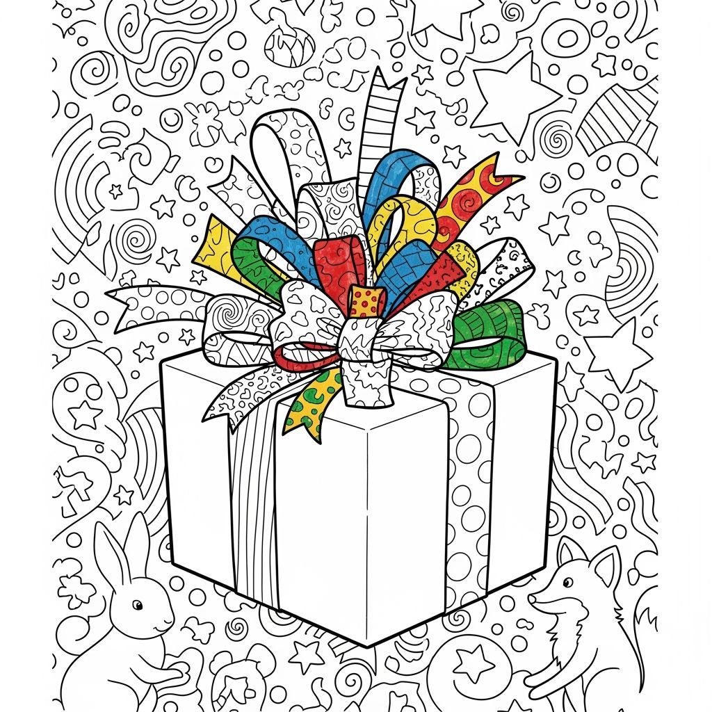 Coloring Page: Playful Birthday Gift Illustration