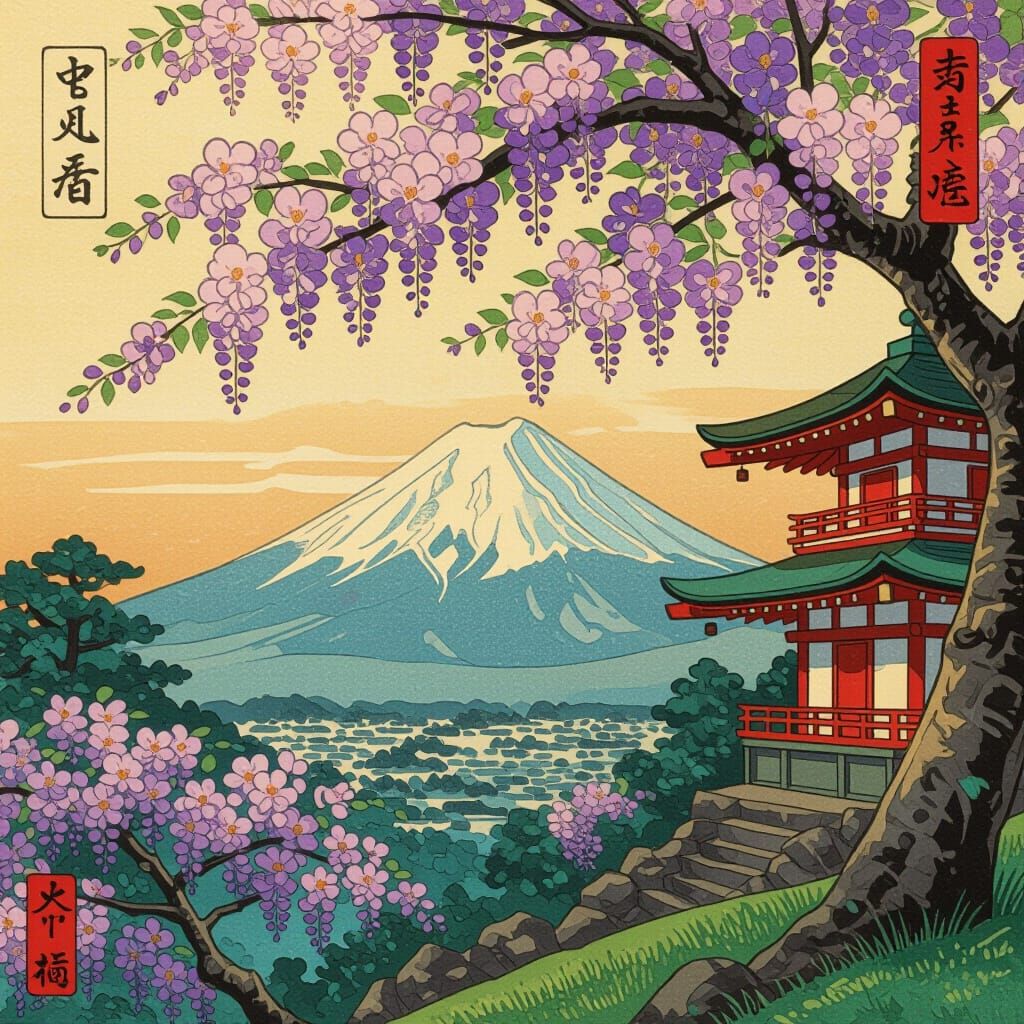 Wisteria Blossoms at Sunset in Ukiyo-e Style