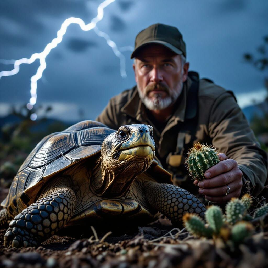 Giant Tortoise and Man in Dramatic Photorealistic Style