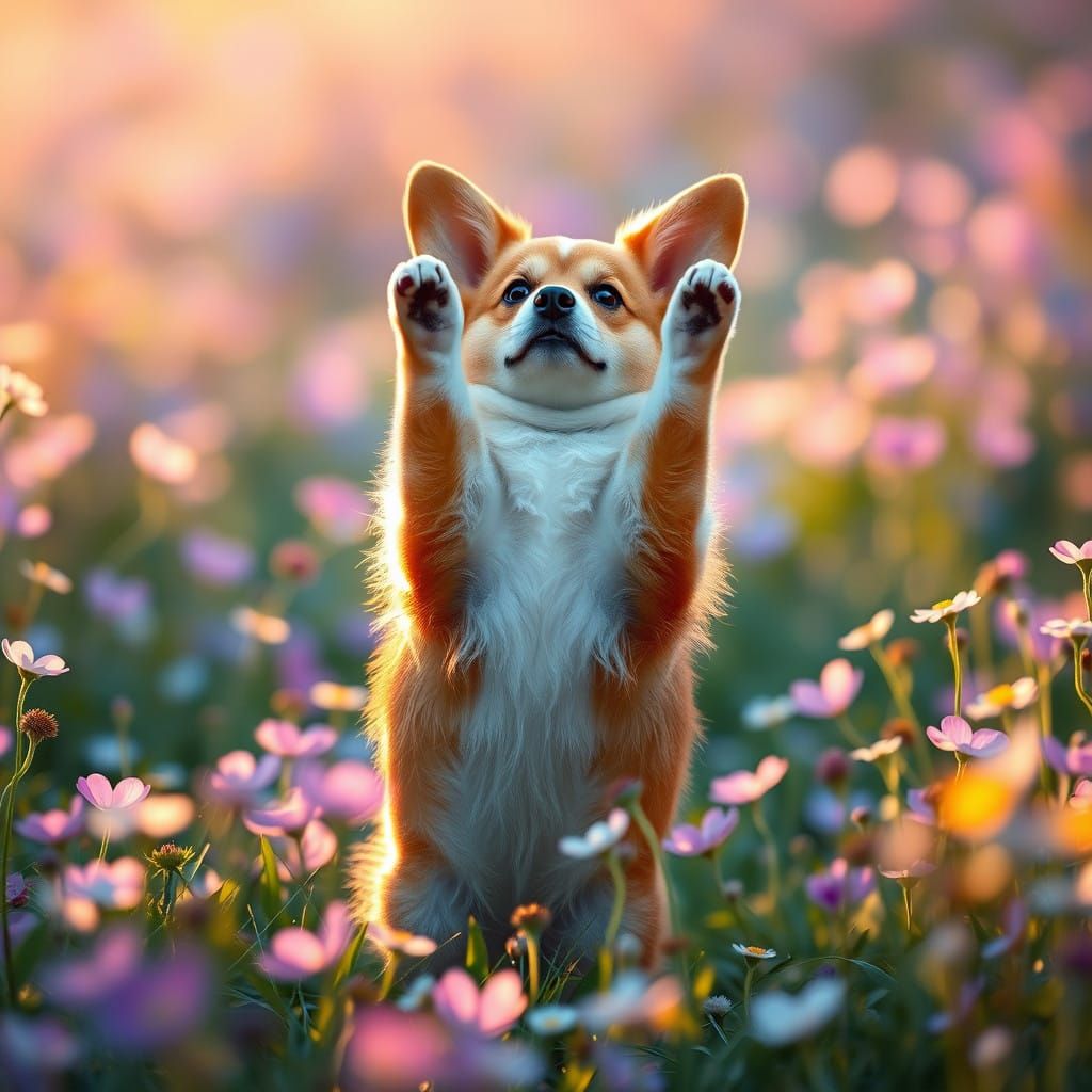 Whimsical Corgi in Vibrant Wildflower Meadow