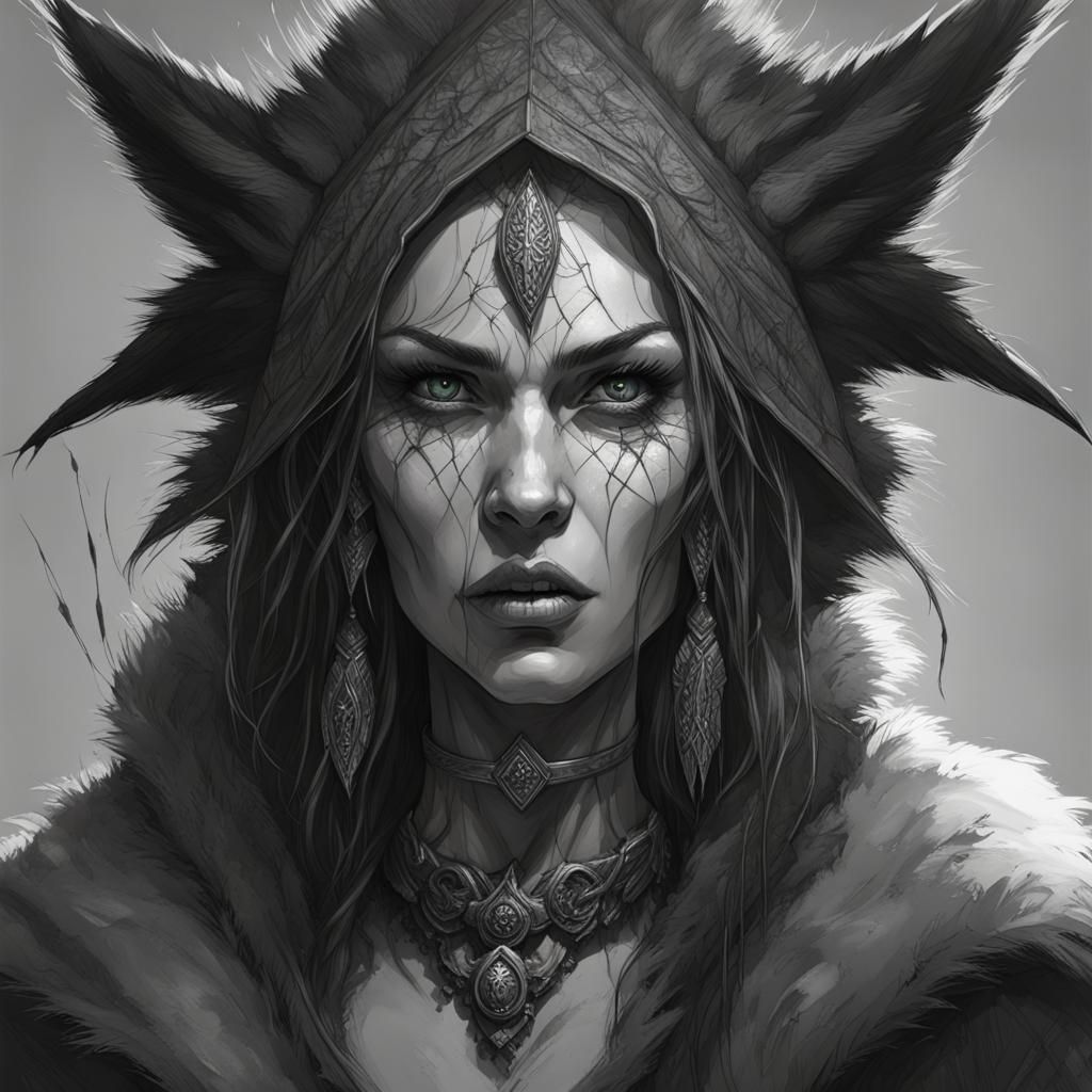 Insane Druid Woman Portrait in Gothic Frame