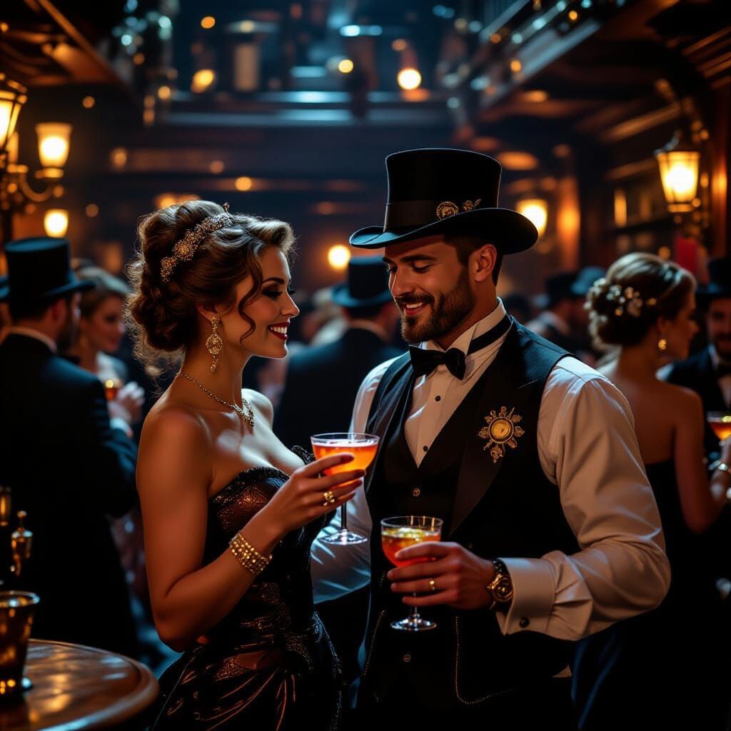 Steampunk Bar Scene: Cocktails, Dancing, and Flirting