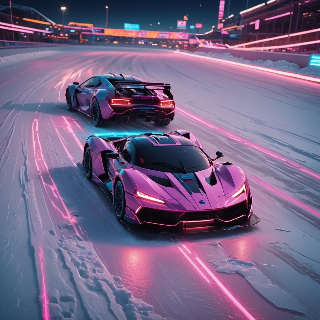 Neon Racing Car on Frozen Ice: Synthwave Concept Art